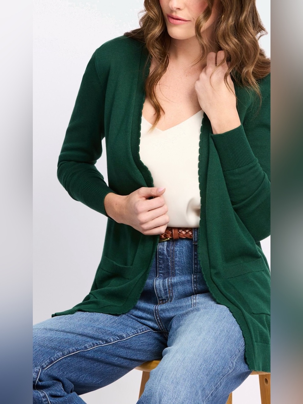 EUC Stitches & Stripes Scallop Trim Green Open-Front Cardigan Large